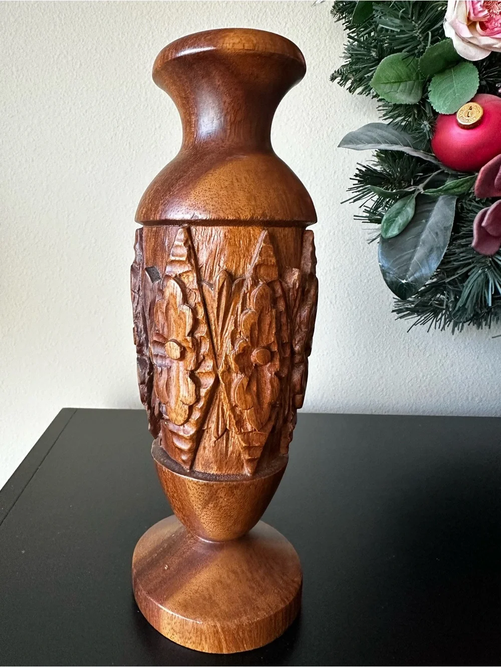 Carved Wood Floral Decorative Vase 10” Brown Natural Grain Rustic Boho Decor